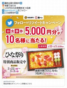 開催中の元気寿司Twitterクーポンキャンペーン「フォロー＆リツイートキャンペーン（2023年3月3日まで）」