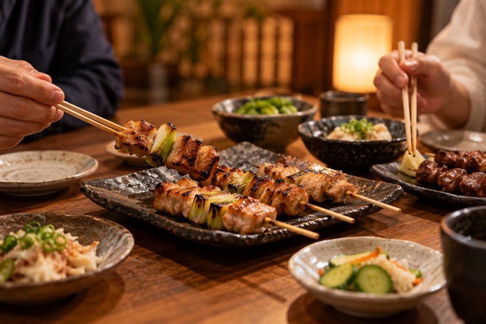 焼鳥と小鉢を囲んで食事をする様子